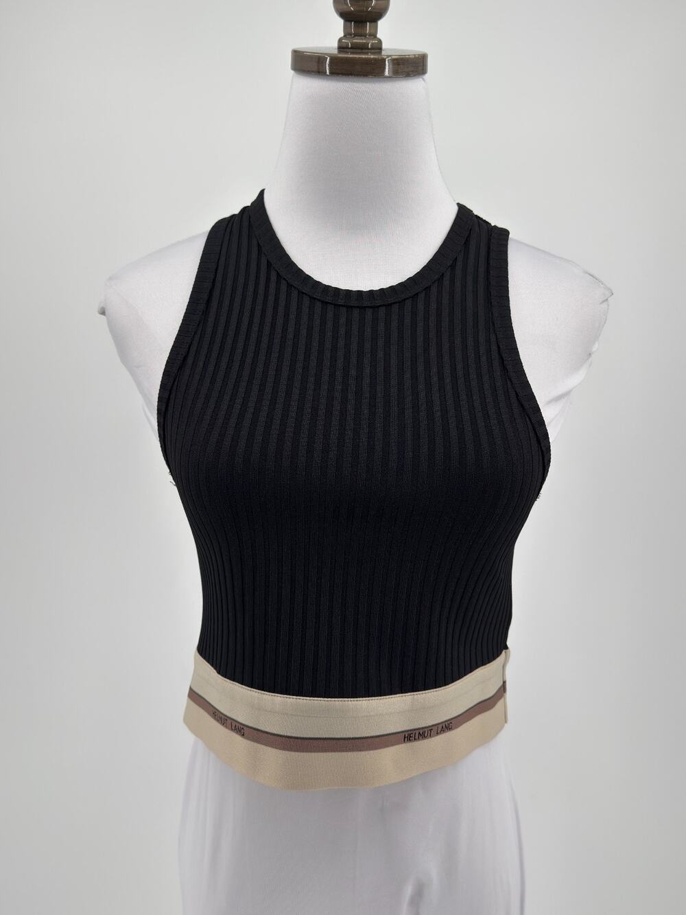 Helmut Lang Black Contrasting Hem Ribbed Knit Crop Tank Top Sz L NEW